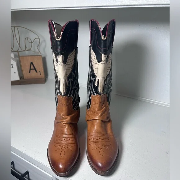 Sam Edelman Western Cowboy Boots Eagle Stitch Leather Brown Women’s 9.5M